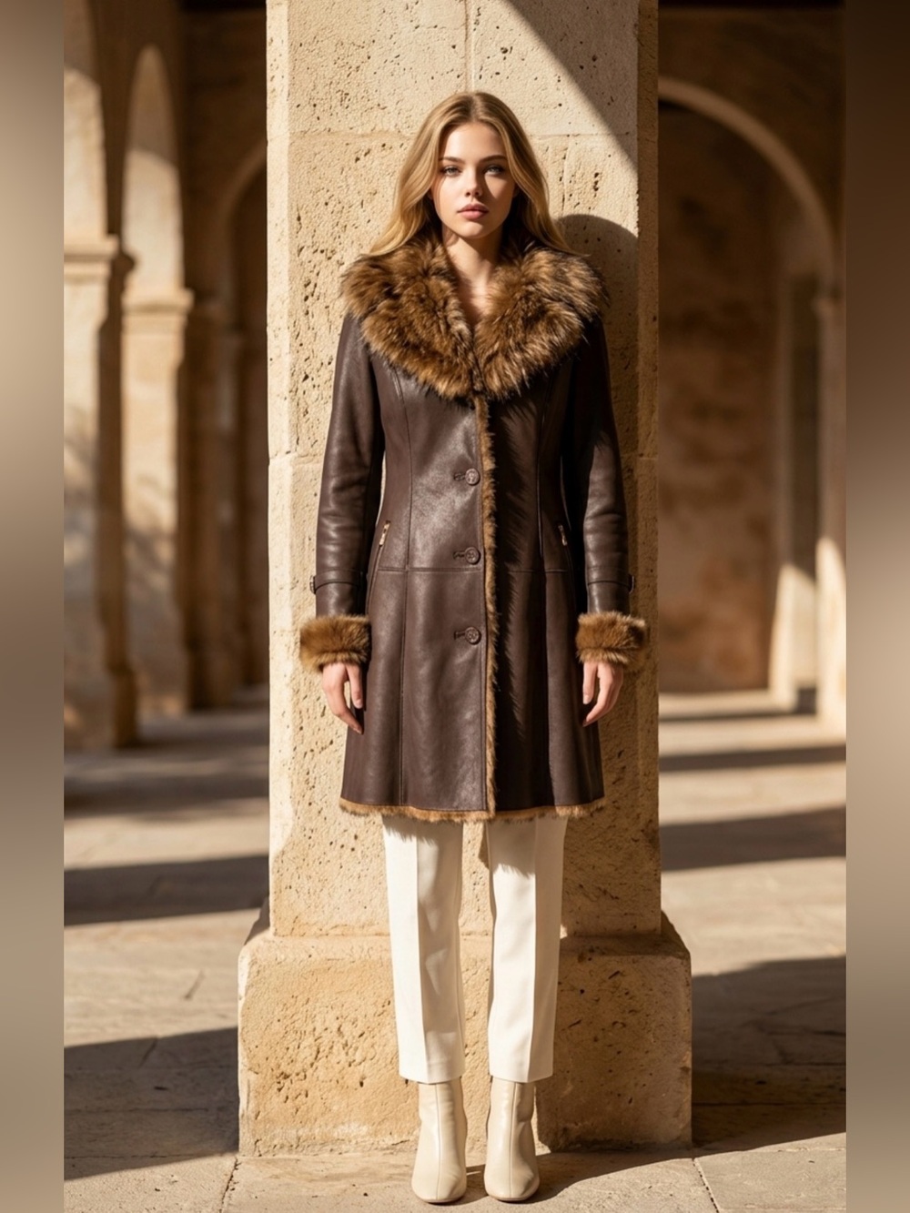 Women's Dark Brown Lambskin Leather Coat with Fox Fur Trim